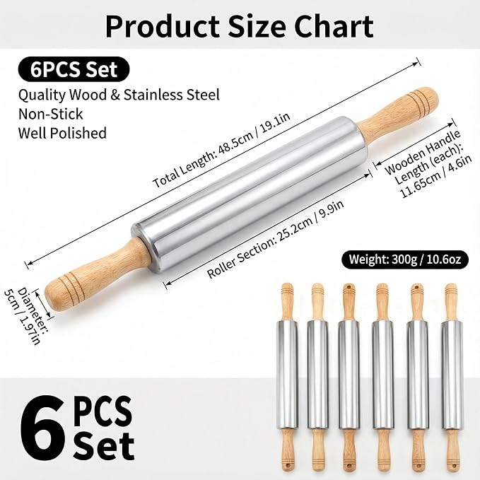 FOLAI 6-Piece Stainless Steel Rolling Pin Set with Wooden Handle, 18.9 x 1.96 inch, Non-Stick Surface, Children's Rolling Pin, for Baking Cakes, Pizza, Fondant, Cookies