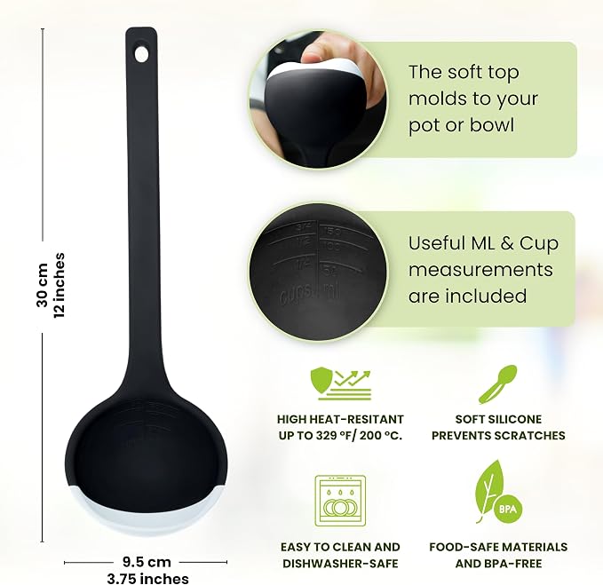 Silicone Spoon - Colorful Silicone Spatula Ladle with a Soft Top to Mold to your Pots & Pans. (Black/LightGrey)