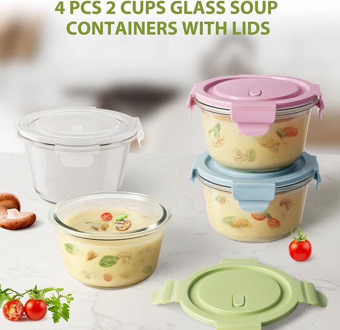 2Cup/16oz Glass Food Storage Containers with Lids, Meal Prep Containers | 4 PACK丨Airtight丨Air Vent Lid丨Borosilicate Glass丨Heat-Resistant丨Food Grade丨BPA-Free丨Microwave Dishwasher&Freezer Safe丨Round