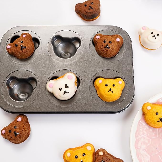 2 Pack Mini Bear Shaped Muffin Pans, 6 Cavity Non-Stick Madeleine Mold Cake Pan, Mini Muffin for Edible Bear Cake Topper Decoration Shower Birthday Party Decorations