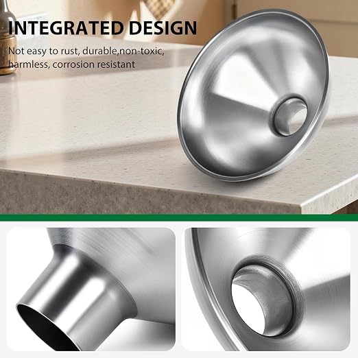 3-Piece Stainless Steel Kitchen Funnel Set, Includes 3 Sizes for transferring seasonings, Oils, Liquids, Dry Goods and Powders. Durable and Reusable, with Easy Cleaning.