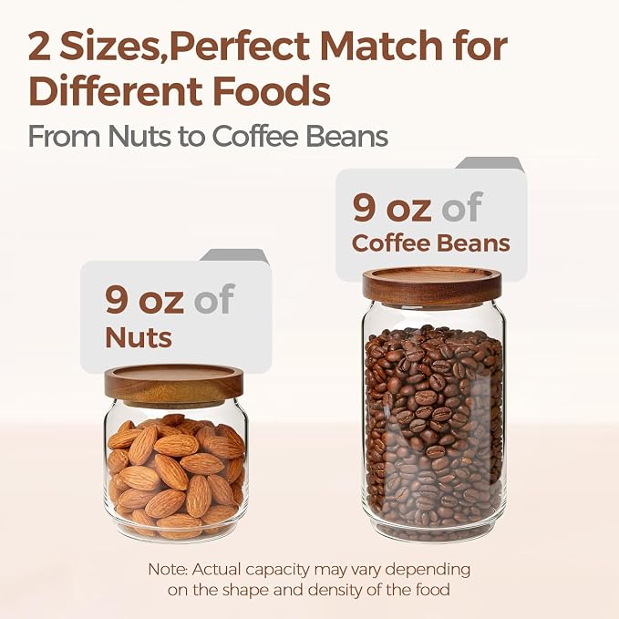 ComSaf Glass Pantry Storage Container with Acacia Wood Lids 1.1/0.5Qt 6Pack | Food Canister for Cooks, Oats Coffee Sugar Nuts Snacks Tea Candy, Pantry Kitchen Living Room, Stacked Design, Jar with Labels