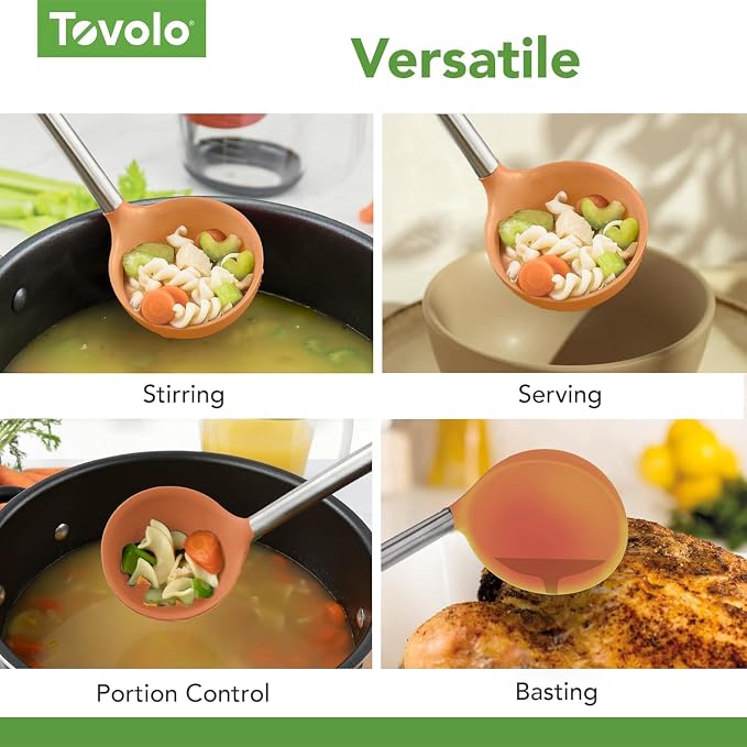 Tovolo Silicone Ladle With Stainless Steel Handle Deep Soup Ladle for Cooking Canning Serving Soup Punch Stew Sauce, Large Kitchen Utensil Spoon Dishwasher Safe BPA Free Silicone Apricot Orange