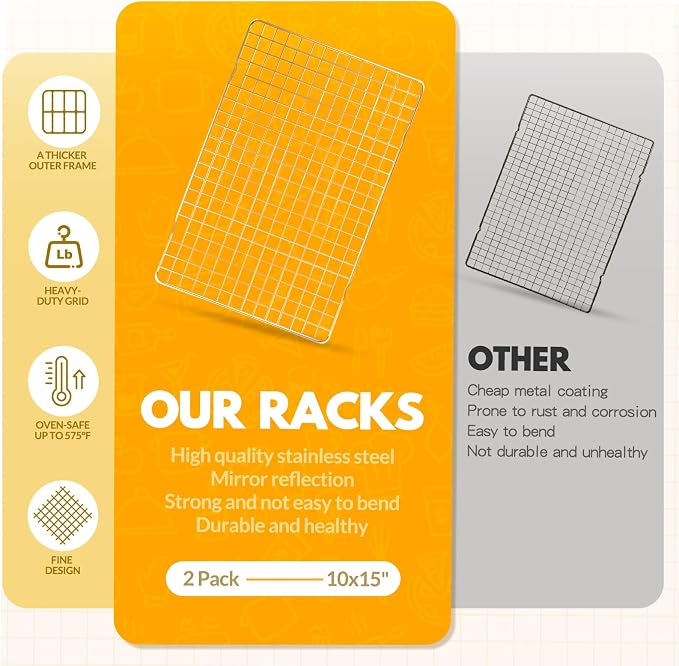 2 PCS Cooling Racks for Cooking and Baking, 15x10 Inches Stainless Steel Cooling Rack, Sheet Pan with Wire Rack for Baking Sheet, Bacon Rack Oven Safe Fits Jelly Roll Sheet Pan
