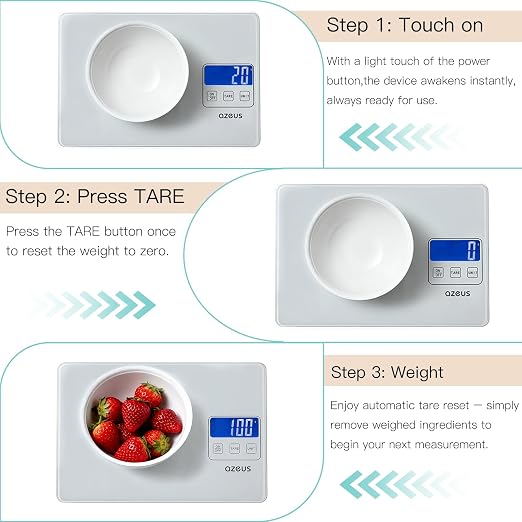 Food Scale with USB Rechargeable, Digital Kitchen Scale with 6 Units, High Precision to 0.04 oz /11lbs Capacity, Weight Range from 3g-5000g