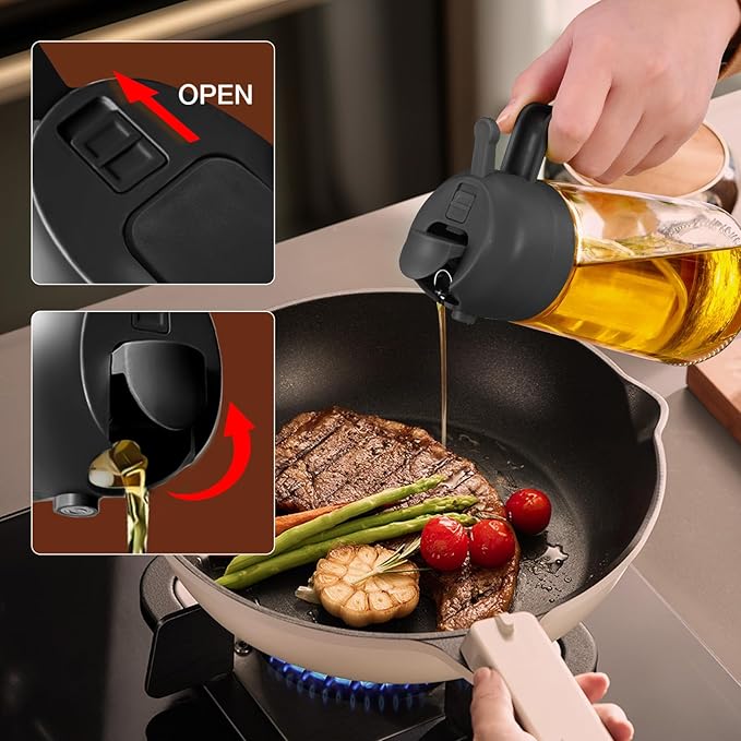 YARRAMATE 16 oz 2-in-1 Glass Olive Oil Sprayer for Cooking, Black&Black | Food-grade dispenser bottle, 470 ml, spray and pour, portion control, stickers included, for salad, frying and BBQ
