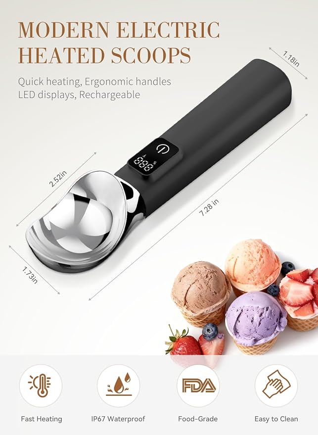 Heated Ice Cream Scoop Rechargeable, Electric Ice Cream Scoop for Hard Icecream and More with LED Display, Self-Warming Heats To 158℉, IP67 Waterproof Easy To Clean, Ideal Kitchen Gifts (Black)