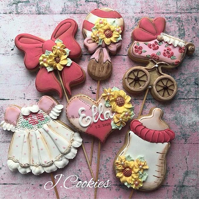 LILIAO Baby Shower Cookie Cutter Set - 6 Piece - Feeding Bottle, Rattle, Heart, Carriage, Princess Dress and Bow/Ribbon Biscuit Fondant Cutters - Stainless Steel