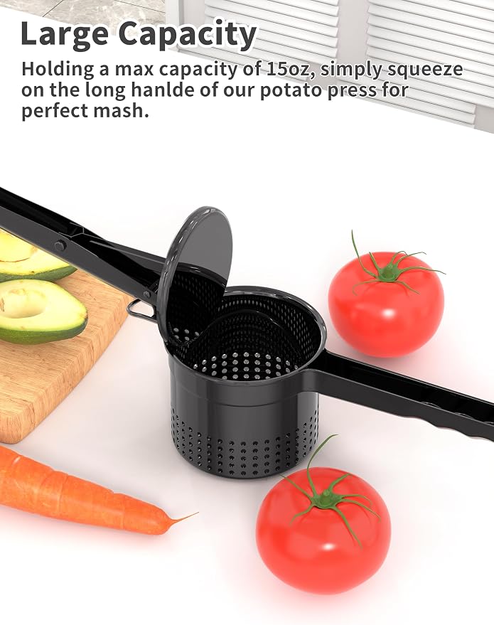 Livilord Large 15oz Potato Ricer, Heavy Duty Stainless Steel Ricer for Mashed Potatoes, Sweet Potato Masher Kitchen Tool with Ergonomic Handle, Press and Mash Kitchen Gadget, Black