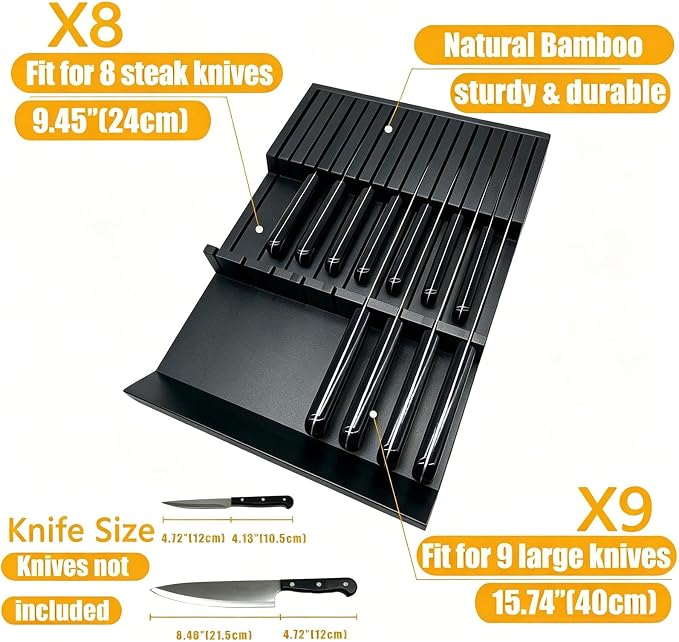 Black Painted Bamboo In-Drawer Knife Block, 17 Slot Large Capacity Knife Organizer, Upper and Lower Kitchen Steak Knife Storage Rack - Holds 8 Short Knives + 9 Long Knives