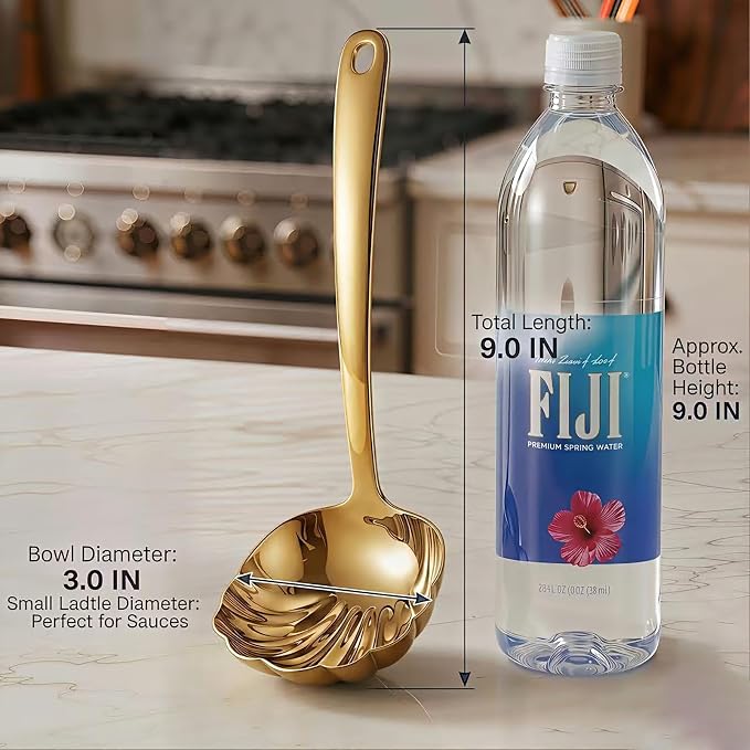 Gold Soup Ladle Set of 2, Premium 18/10 Stainless Steel Sauce Ladle with Artistic Shell-Shaped Design, 9-Inch Small Ladle for Serving Soup, Gravy and Sauce, Mirror Polished, Dishwasher Safe