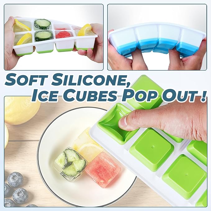 Large Ice Cube Trays with Lid, Jrisbo 2 Pack Stackable Silicone Ice Cube Molds for Freezer, Easy Release 16 Big Square Ice Trays for Whisky Cocktails (Blue)