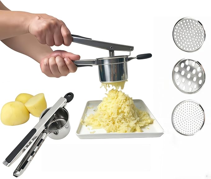 Potato Ricer Stainless Steel with 3 Interchangeable Discs, Heavy Duty Potato Masher & Squeezer, Hand Ricer for Mashed Potatoes and Food Press, Easy to Clean Kitchen Gadgets