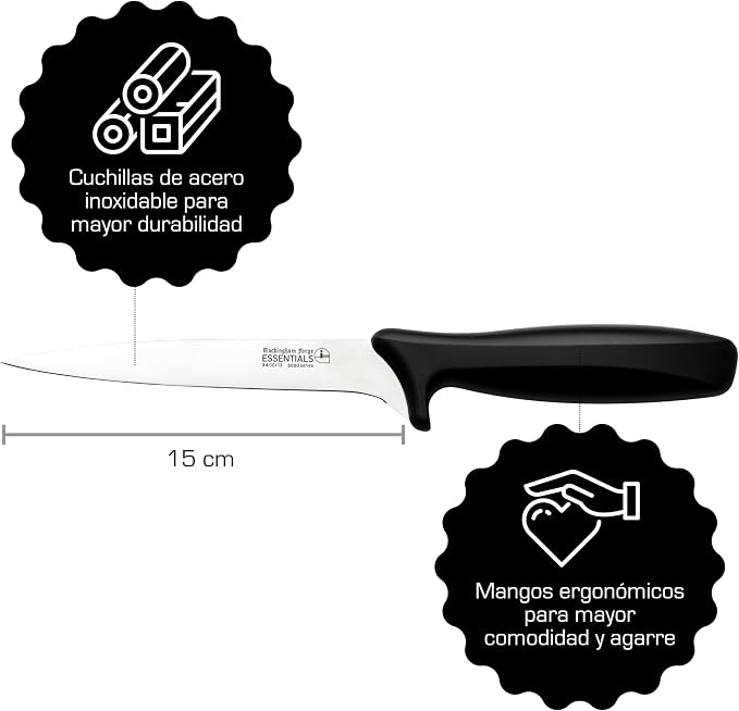 Rockingham Forge Essentials 8007 Range Lightweight Stainless Steel 6” Filleting Knife with Black Handle, Individually Carded