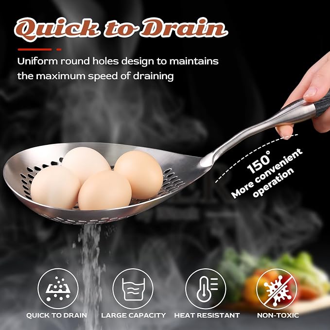 MARTE Skimmer Slotted Spoon -17in 304 Stainless Steel Pasta Spider Strainer Skimmer Ladle Spoon for Cooking and Frying - Large Kitchen Metal Scoop Colander Strainer Spoon with Black Wooden Handle