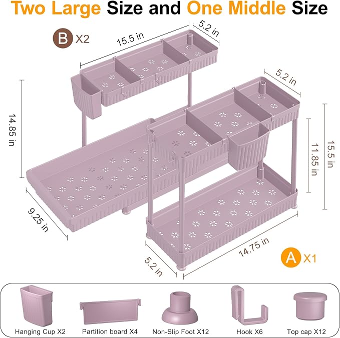 3-Pack 2-Tier L-Shaped Under Sink Organizers with Sliding Drawers | Multi-use kitchen & bathroom storage, 14.85 inch pink cabinet organizer, space-saving sliding drawer design.