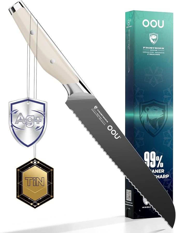 OOU 8 Inch Bread Knife, German 1.4116 Stainless Steel Kitchen Knife, Gunmetal Blade with AgShield & TinSharp Finish, Balanced ABS Handle, Serrated Bread Knife for Clean, Controlled Slicing