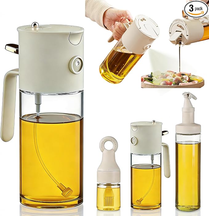 MMJ 【Buy One Get Three】 3-in-1 Oil Filler, Pourer & Sprayer 19.6 oz Thickened Heat-Resistant Borosilicate Glass Oil Sprayer for Kitchen, BBQ, Salad, Baking - Drip-Free, Leak-Proof, Non-Stick Design