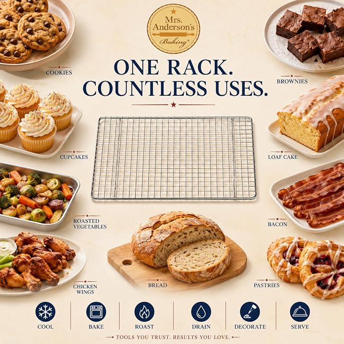Mrs. Anderson's Baking Professional Cooling Rack, Heavy Duty Steel, Fits Quarter-Size Sheet Pans, 12 x 8.5 x 0.5-Inches