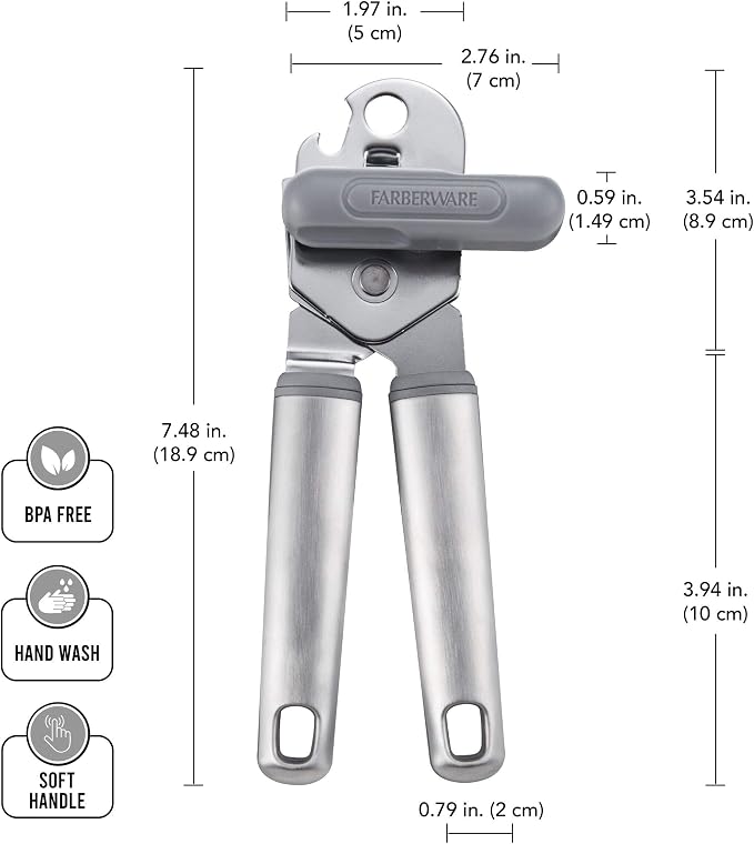 Farberware Pro Stainless Steel Manual Can Opener with Soft Ergonomic Handles and Integrated Bottle Opener, Dishwasher Safe, Contemporary Gray, 7.25 Inches