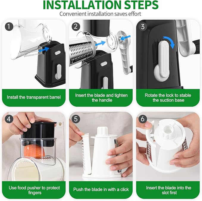 Ourokhome Rotary Cheese Grater Cheese Shredder with 5 Interchangeable Blades, Rotary Grater with Non-slip Suction Base Hand Crank Slicer for Vegetable Nuts Black