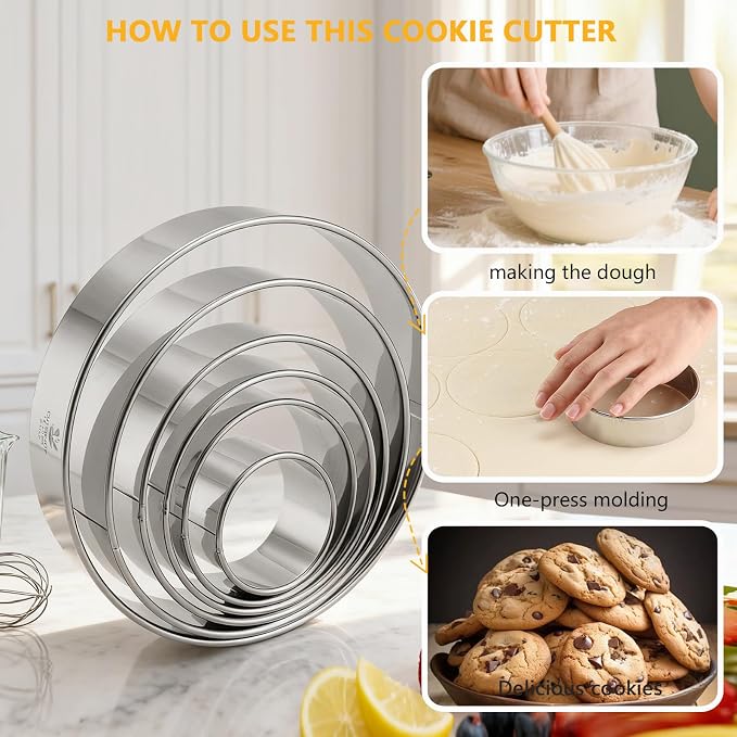 6 PCS Round Cookie Cutters (2, 3, 3.5, 4, 5, 6 Inch), Stainless Steel Biscuit Cutters For Baking, Large Circle Cookie Cutter for Baking, Pastry, Donuts, Fondant, Sandwich