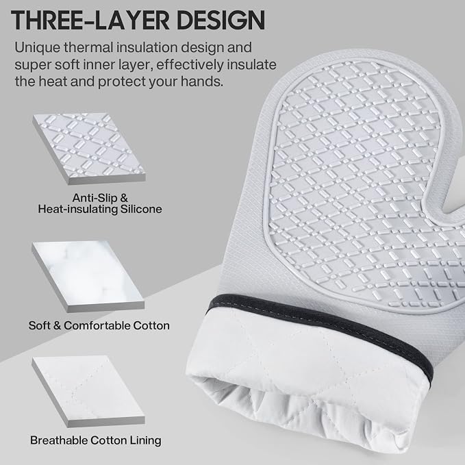 Oven Mitts and Pot Holders Sets for Kitchen, 2 Pack Extra Long Heat Resistant Silicone Oven Mitt Heat Resistant 500°F with Soft Cotton Lining for BBQ, Baking and Cooking