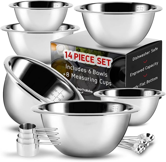 14 Piece Mixing Bowls With Measuring Cups And Spoons Set - Premium Stainless Steel Mixing Bowls Set - Nesting & Stable Metal Mixing Bowls Great For Kitchen, Baking, Cooking, Or Prep