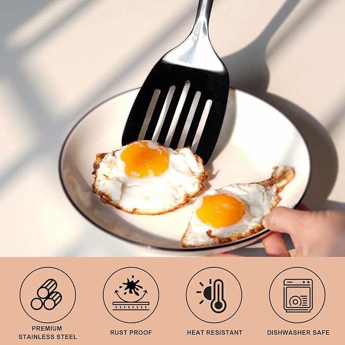 Black 3 Piece Stainless Steel Cooking Utensils Set, Metal Slotted Spoon, Slotted Turner Spatula and Skimmer Set for Frying, Serving, Dishwasher Safe