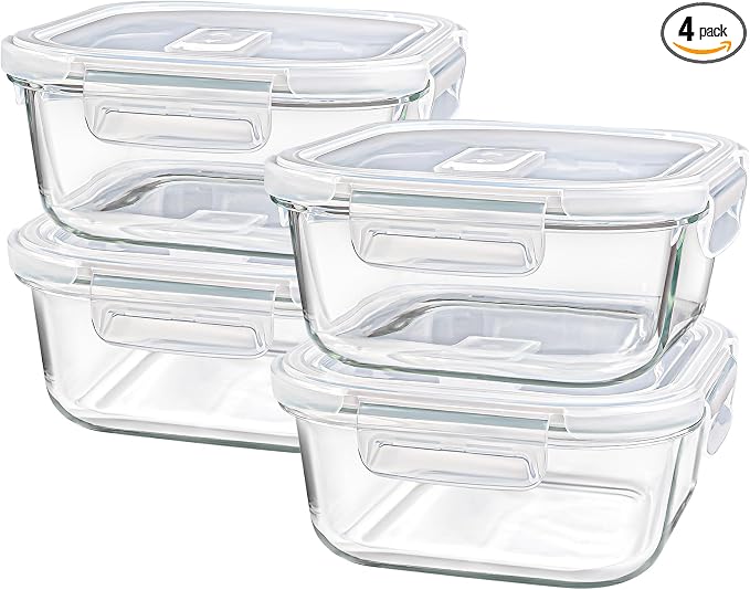Square Glass Containers with Lids 3 Cup/24 oz, 4 Pack | Borosilicate Glass Bowl | Airtight | Meal Prep | Sandwich | Oven Microwave Freezer Dishwasher Safe | Small Food Storage Sets