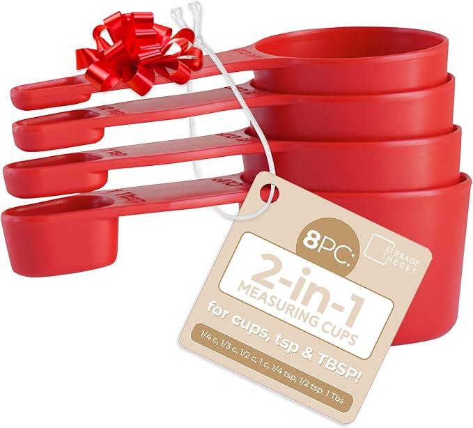 Storage Theory 2-in-1 Measuring Cups & Spoons Set (4-Piece) - Nesting Space-Saving Kitchen Gadget - BPA-Free Food Grade Plastic - Dishwasher Safe for Baking, Cooking, Coffee - Red