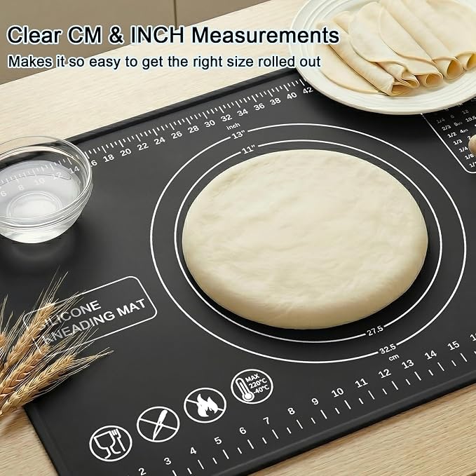 Silicone Pastry Mat 28" x 20" Extra Thick Silicone Baking Mat with Measurements and Edge Heightening Non-stick Food Grade Dough Rolling Mat Kneading Sheet for Pastry, Bread, Cookies (Black)