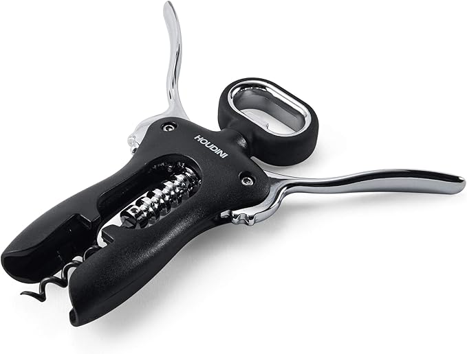 Houdini Wing Corkscrew Wine Bottle Opener, Stainless Steel Non-Stick Spiral, Dishwasher Safe, Clamps Securely onto Bottle, Will Not Crumble Corks