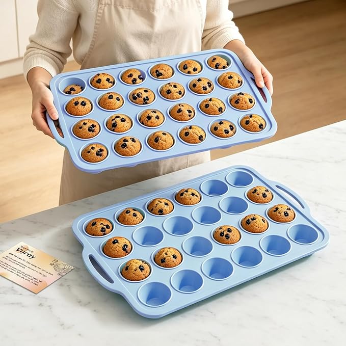 Blue Mini Silicone Cupcake Pan: 2 Pack 24 Small Cupcake Tin for Baking | Silicone Mini Cupcake Mold for Various Recipes - Trays with Metal Frame for Oven - for Home Bakers Vnray