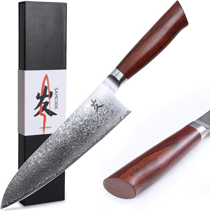 SAMCOOK Damascus Chef Knife - 8 Inch Professional Sharp Gyuto Knife,High Carbon Stainless Steel Kitchen Cooking knife - Ergonomic Sandalwood Handle with Gift Box
