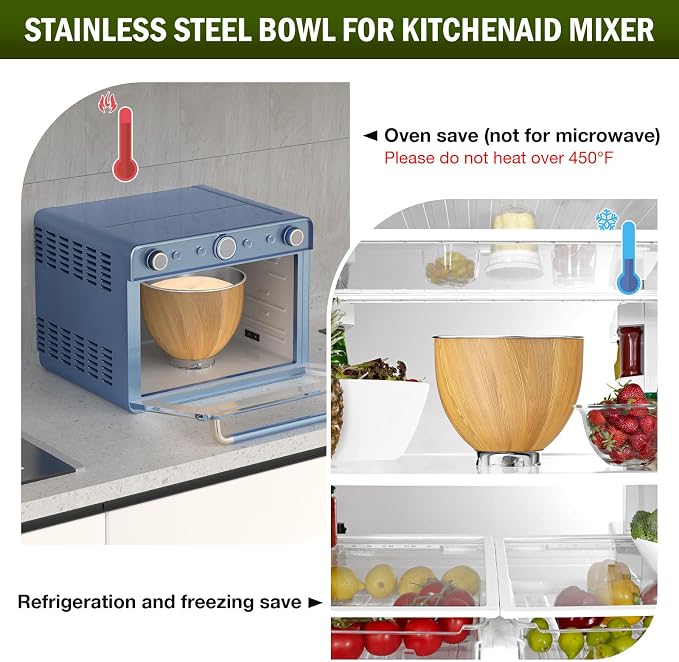 5QT Stainless Steel Mixer Bowl Compatible with Kitchen aid Stand Mixers Kitchenaid Replacement Bowl for 4.5-5 QT Tilt-Head Mixer with Handle, Wood Grain
