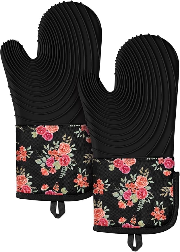 Slohif Long Silicone Oven Mitts Heat Resistant for Women - 2 Pcs Rose 100% Cotton Oven Gloves, Non-Slip and Waterproof Silicone Oven Mitts with Hanger for Baking and Cooking