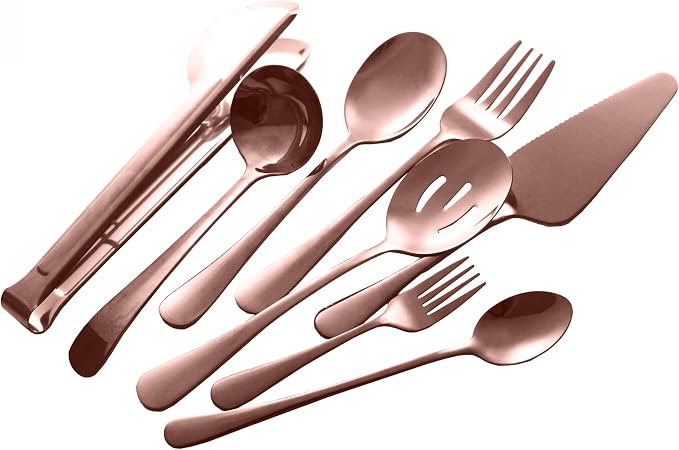 Rose Gold Buffet Party Serving Utensils Set 12 Pieces Copper Stainless Steel Flatware Silverware Set, Includes Serving Spoon Slotted Spoons Serving Forks Soup Ladle Serving Tongs Pie Server