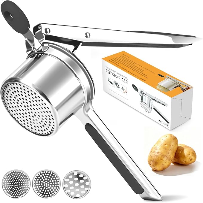 Potato Ricer for Mashed Potatoes-Stainless Steel 15oz | Large Capacity,All Clad,Heavy Duty,Ergonomic Handle for Spaetzle,Oranges, Lemons, Pumpkins, Carrots, Avocados(BLACK)