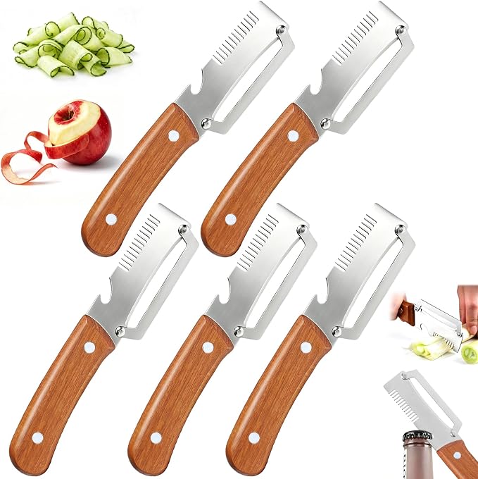 3-in-1 Multi-Function Kitchen Vegetable Peeler with Wooden Handle and Bottle Opener, Ideal for Peeling Fruits and Vegetables, Stainless Steel Blade Kitchen Tool (5 PCS)