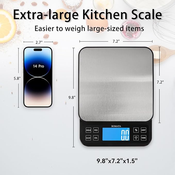 BOMATA Large Kitchen Scale 0.1g/0.001oz High Precision, 11lb Bakery Scale | % Percentage Function, USB Rechargeable, Full-View Angle LCD with Backlight, Stainless Steel Pan