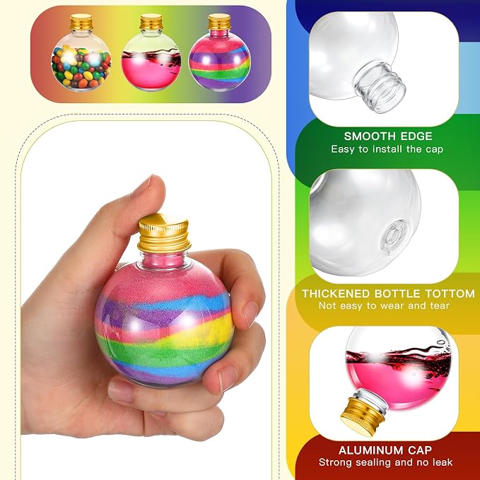 Layhit 24 Pcs Spherical Plastic Potion Bottles Ball Shape Round Bottles 3.4 oz Sand Art Jar with 5 Funnels Decorative ‌container Candy Jar for Valentines Birthday DIY Crafts(Gold,Aluminum Lid)