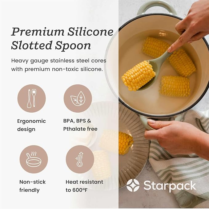 Starpack 'Let it Drain' Silicone Slotted Spoon(10.6 Inches) - Small Spoon with Slots for Cooking Heat Resistant to 600°F - Silicone Slotted Serving Spoons, Non Stick Cooking Spoons with Slots
