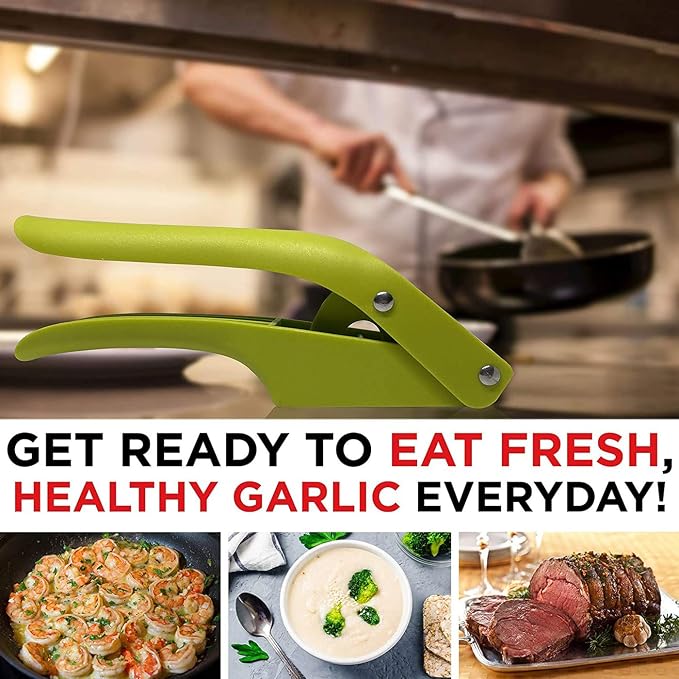 Garlic Press, 2 in 1 Garlic Slicer and Mincer with Silicone Tube Peeler and Cleaning Brush for Garlic, Ginger, Nuts & Seeds
