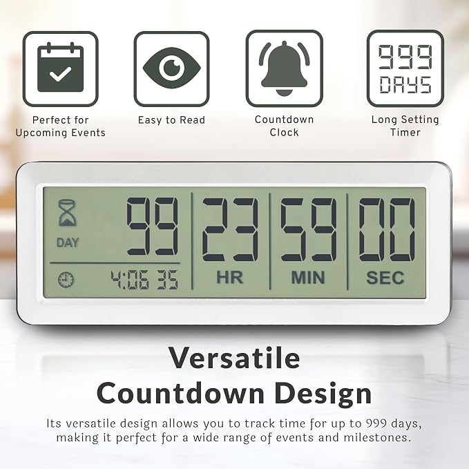 White Large LCD Digital Countdown Clock, Up to 999 Days - Easy to Set & Read Reusable Count Down Timer for Retirement, Wedding, Christmas, Holiday,Baby Due Date,Birthday & More