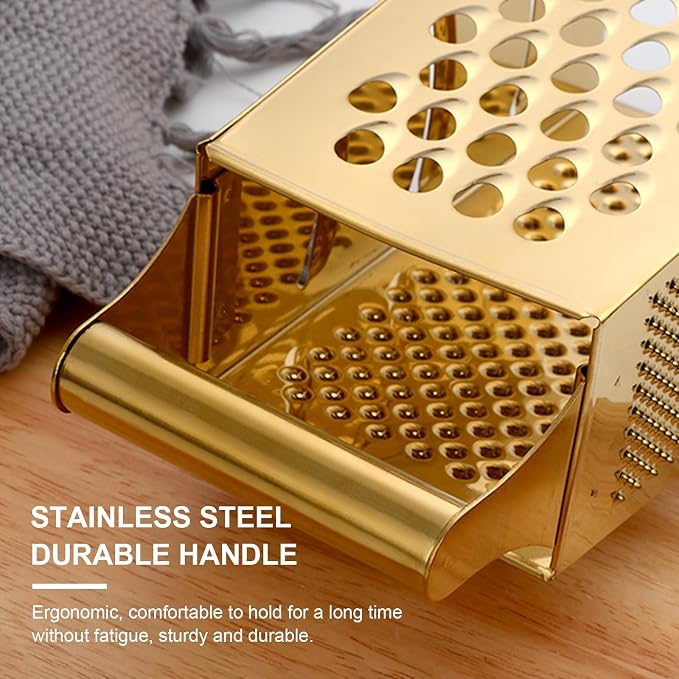 Handheld Cheese Grater Box for Kitchen, Stainless Steel 4 Sided Cheese Grater with Handle for Grinding Shredding & Slicing, Dishwasher Safe (Gold)