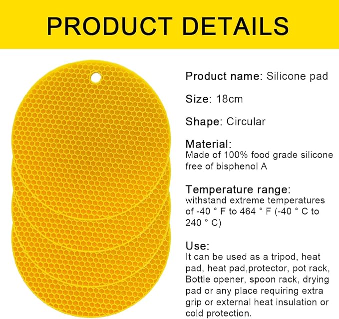 7-Inch Round Silicone Trivet Mats - 4-Pack Non-Slip Heat Resistant Hot Pads for Kitchen Countertops, Pots and Pans (Bright Yellow)