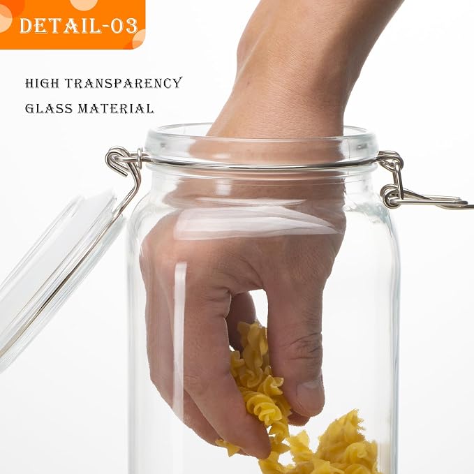 34oz Square Glass Food Storage Jars with Airtight Clamp Lids 3 Pack | Small Kitchen Canisters for Flour, Cereal, Coffee, Pasta, Pickling and Canning, Mason Jar Wide Mouth