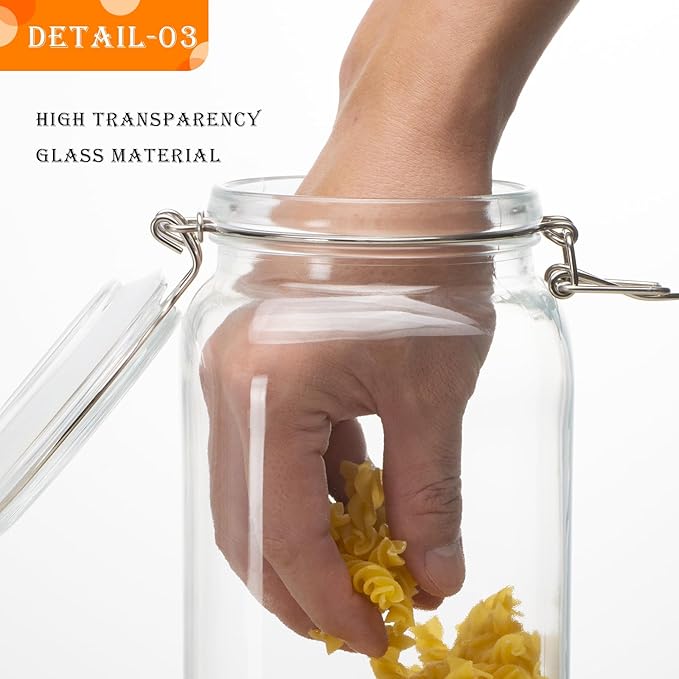 50oz Square Glass Food Storage Jars with Airtight Clamp Lids 3 Pack | Glass Storage Containers for Flour, Sugar, Rice, Coffee, Cereal, Sourdough Pickling and Canning, Mason Jar，Kitchen Canisters