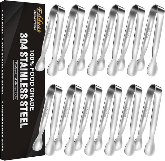 Eddeas Mini Tongs For Serving Food，Set fo 12 Small Tongs For Appetizers，Small Stainless Steel Metal Cooking Tong，for Tea Party Coffee Bar, 4 inch Sugar Tong - Silver